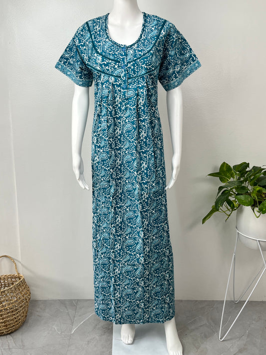 Turquoise Blue Printed Cotton Nighty for Women