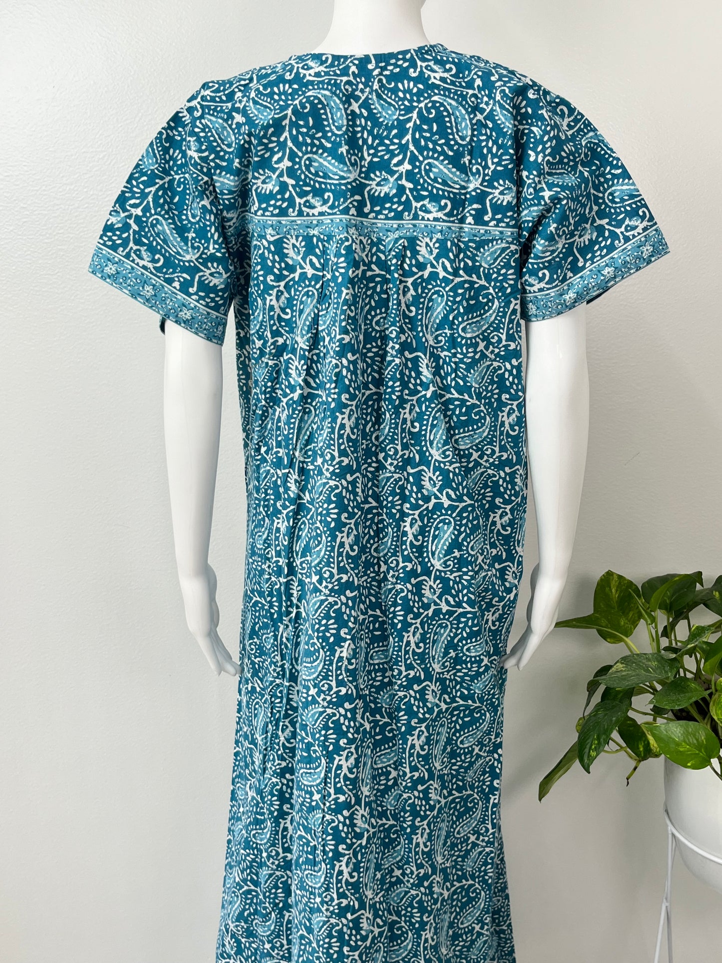 Turquoise Blue Printed Cotton Nighty for Women