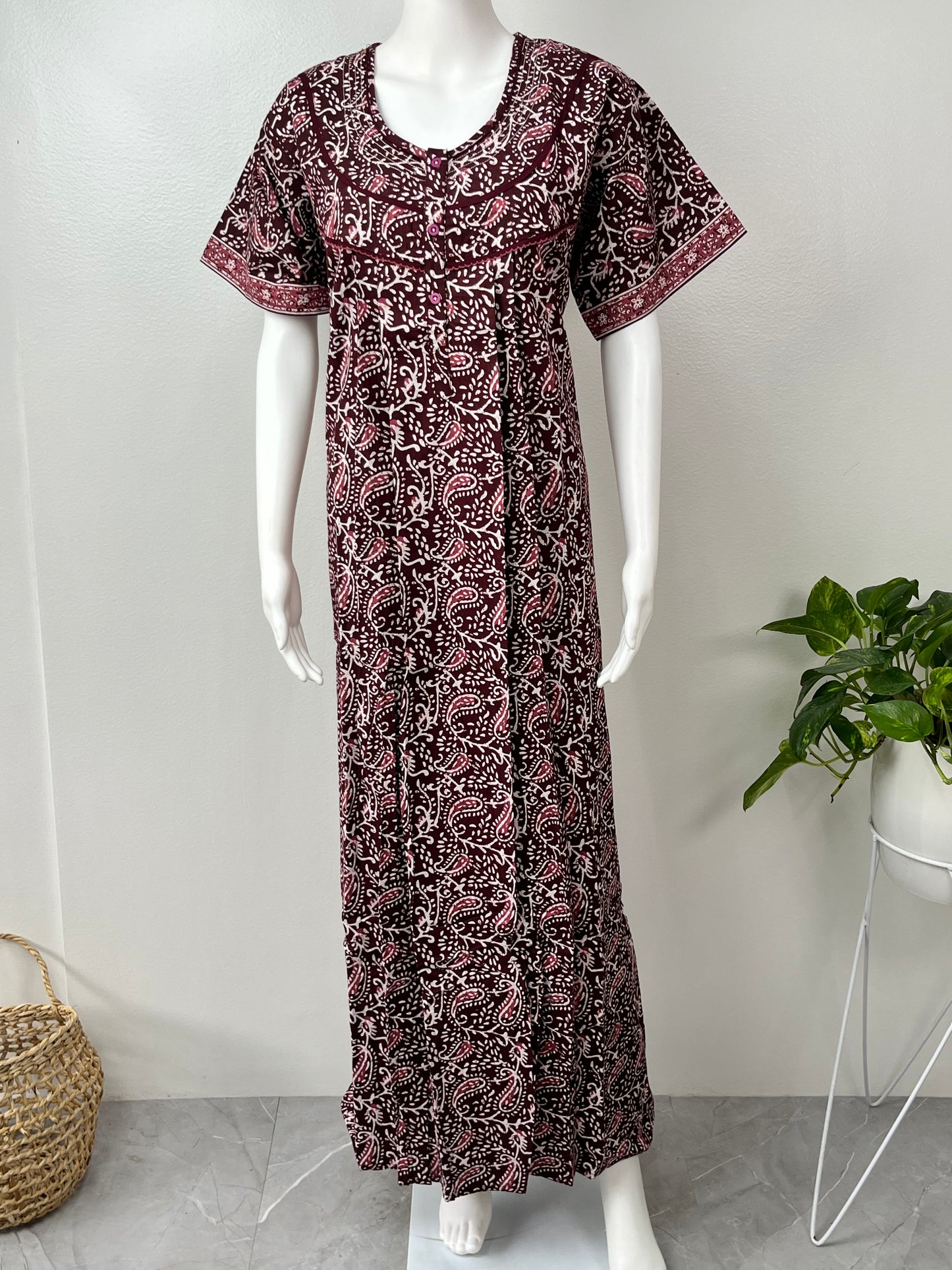 Maroon Pleated Pure Cotton Nighty Soft & Comfortable.