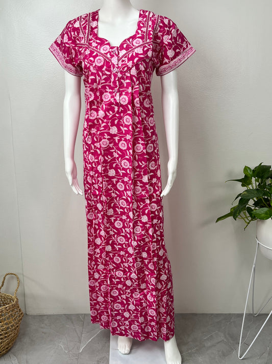 Pink 100% Cotton Pleated Women's Nighty