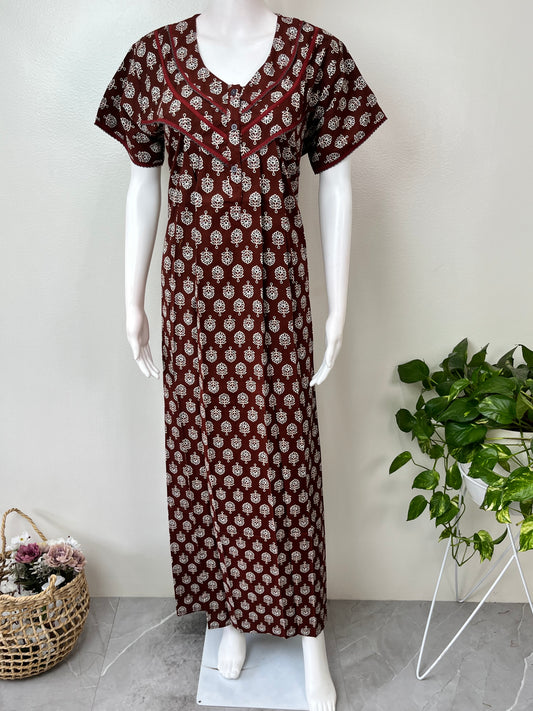 Maroon 100% Cotton Women's Nightgown