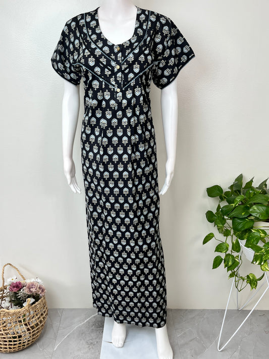 Black Pure Cotton Nightgown with Contrast Print