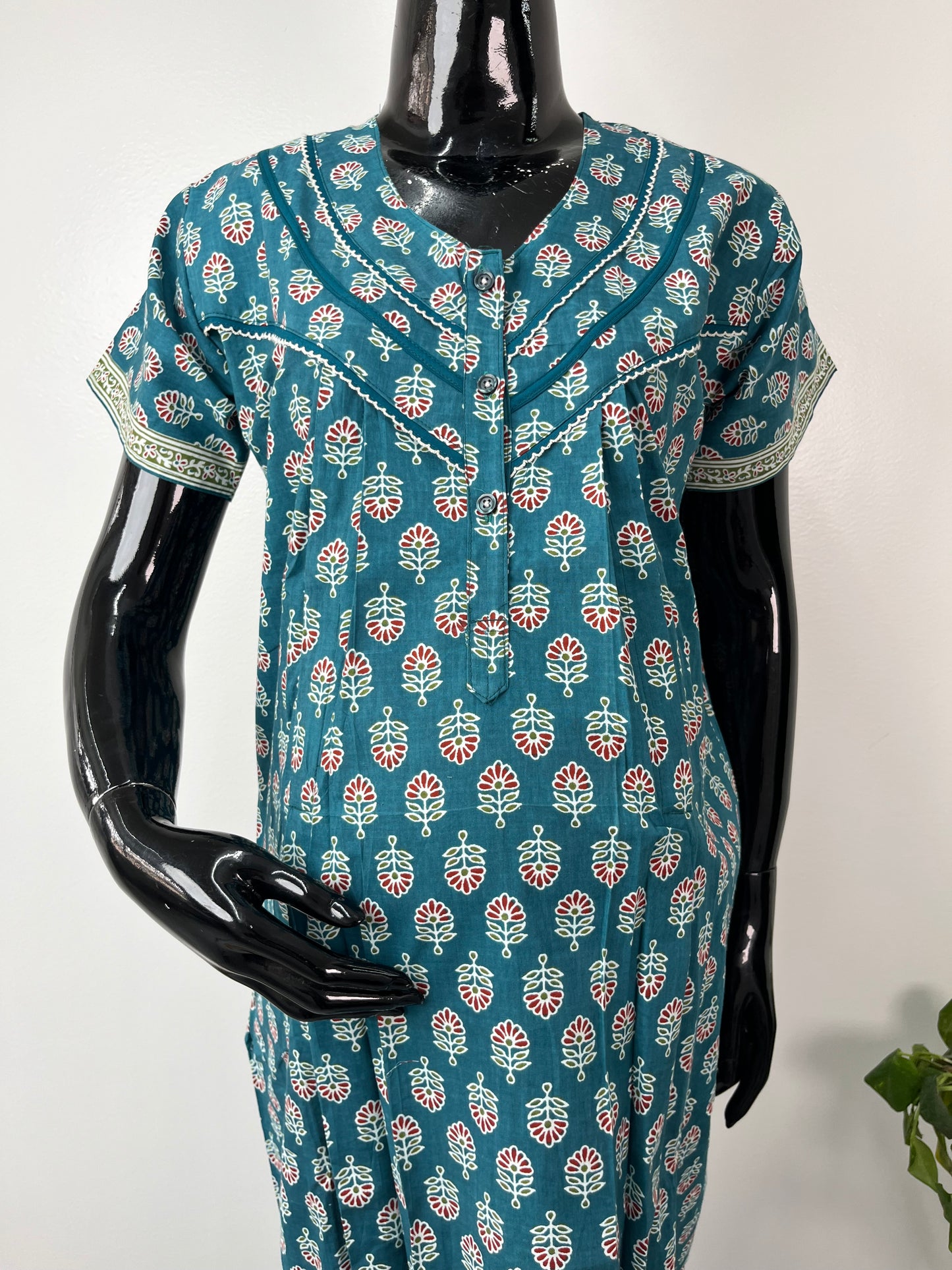 Feeding Gown for Women Teal Blue with Print