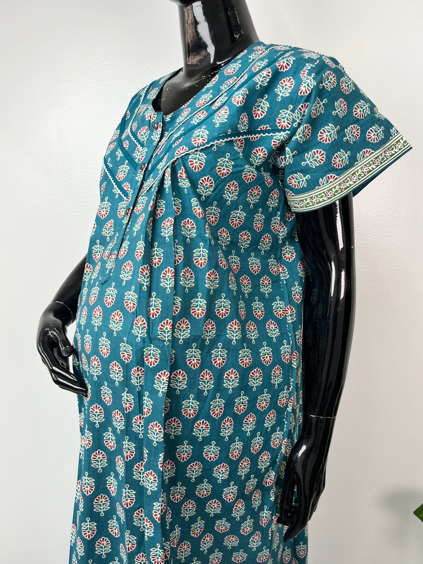 Feeding Gown for Women Teal Blue with Print
