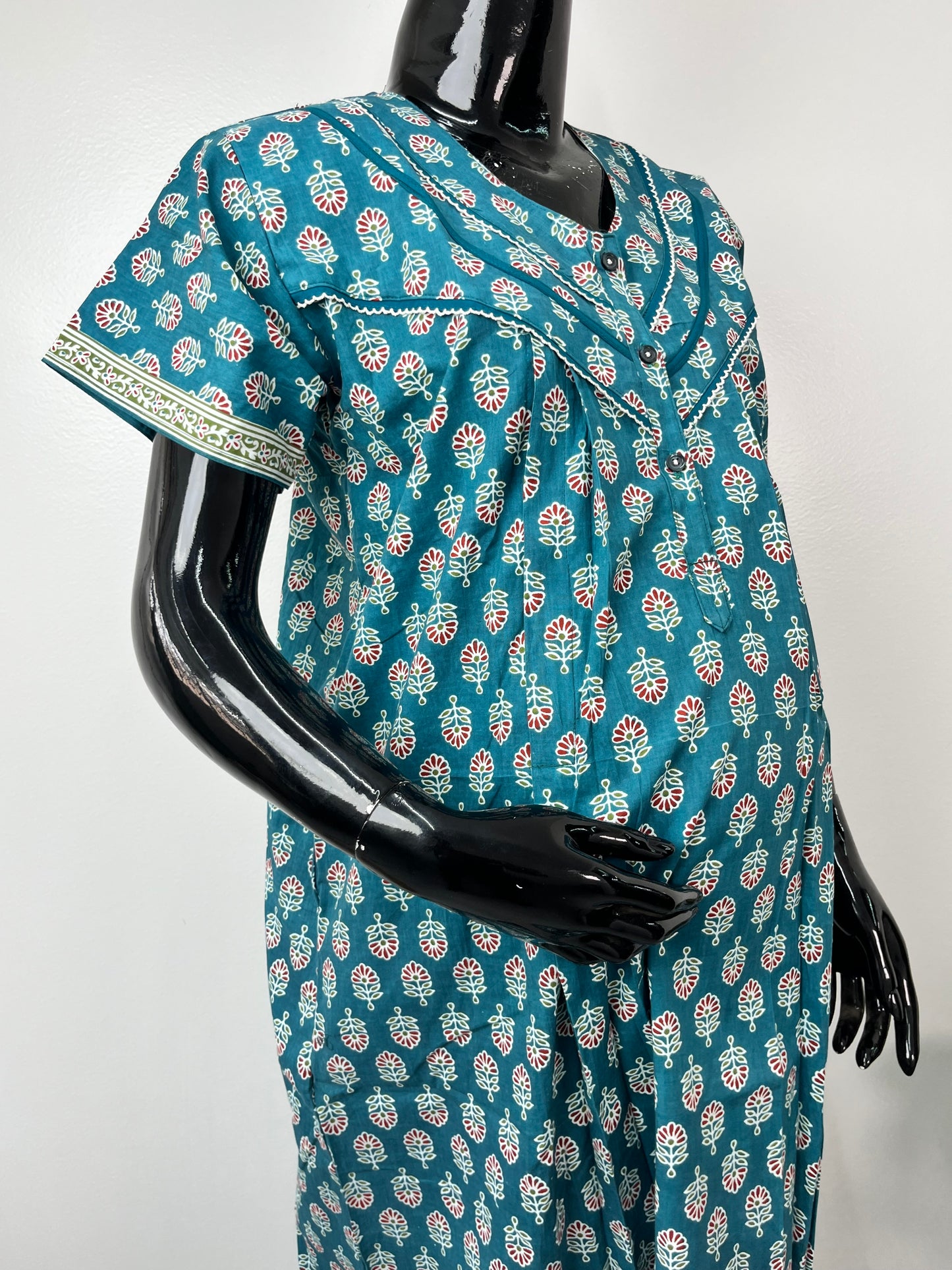 Feeding Gown for Women Teal Blue with Print