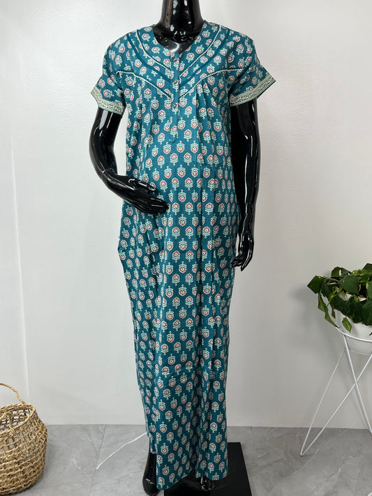 Feeding Gown for Women Teal Blue with Print