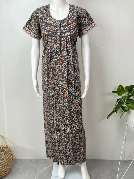 Grey Pleated 100% Cotton Nighty with Print