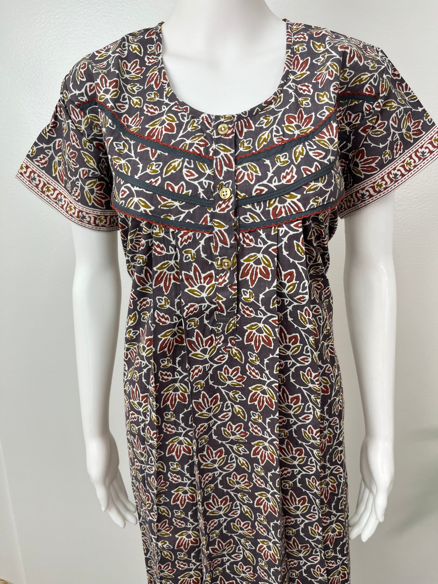 Grey Pleated 100% Cotton Nighty with Print