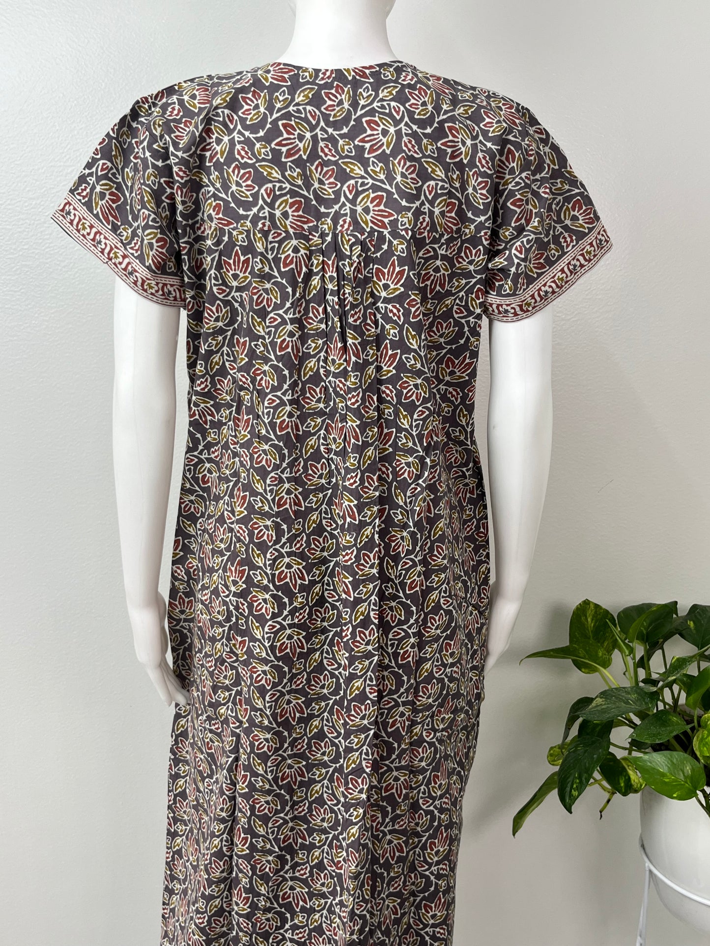 Grey Pleated 100% Cotton Nighty with Print