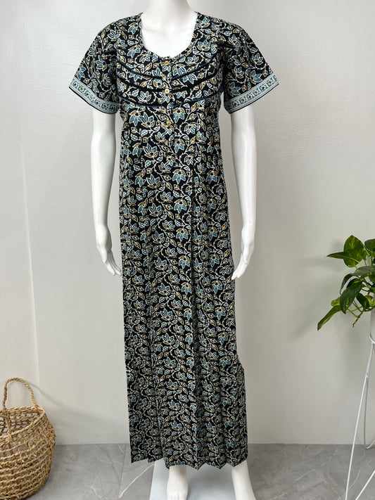 Black Pure Cotton Nighty with Contrast Print