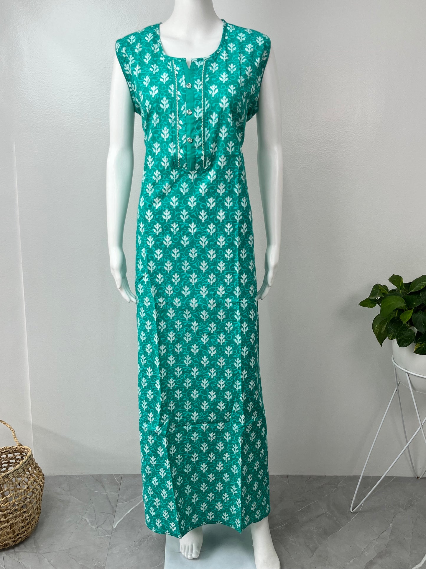 Teal Blue Printed Cotton Sleeveless Nightgown Soft & Breathable