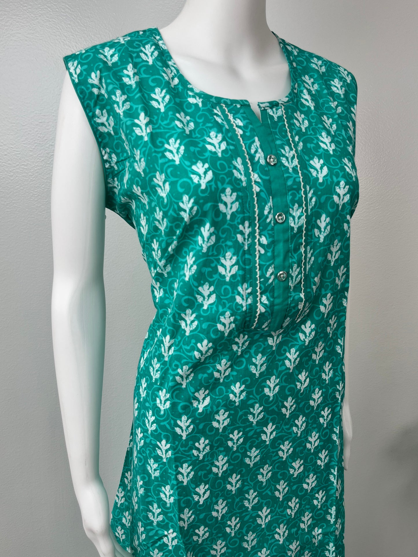 Teal Blue Printed Cotton Sleeveless Nightgown Soft & Breathable