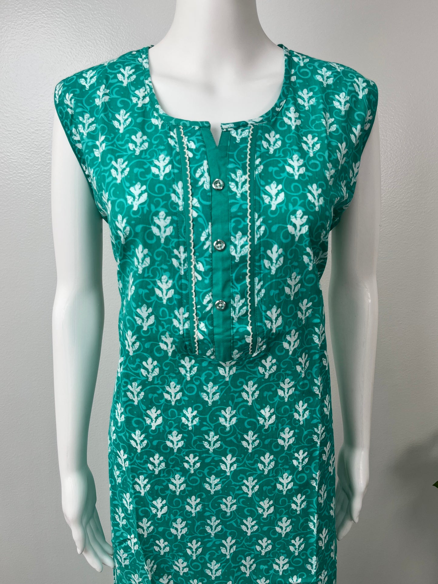 Teal Blue Printed Cotton Sleeveless Nightgown Soft & Breathable