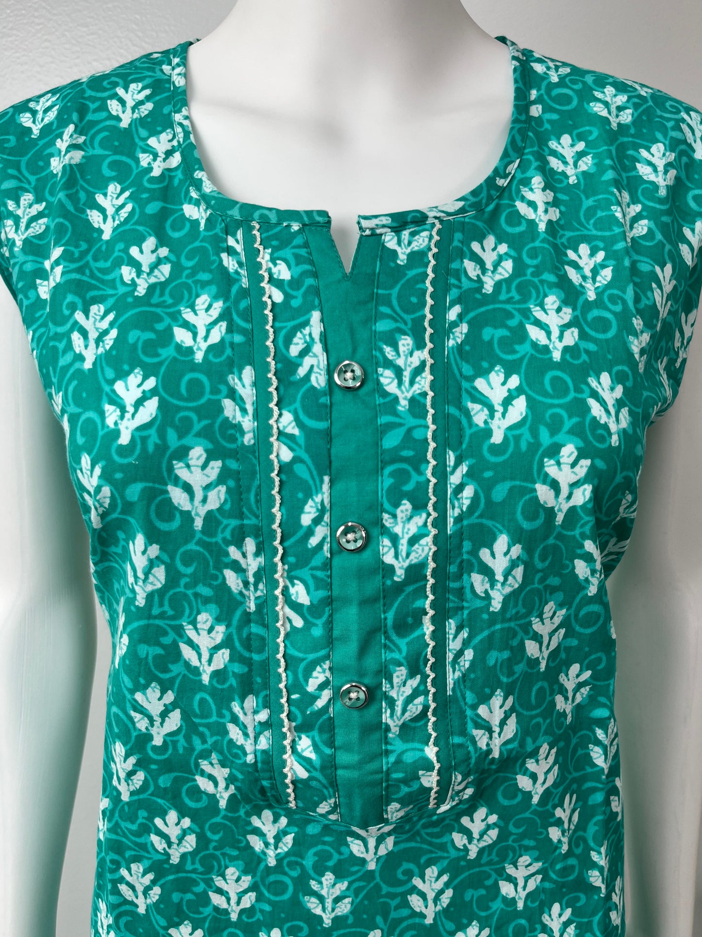 Teal Blue Printed Cotton Sleeveless Nightgown Soft & Breathable