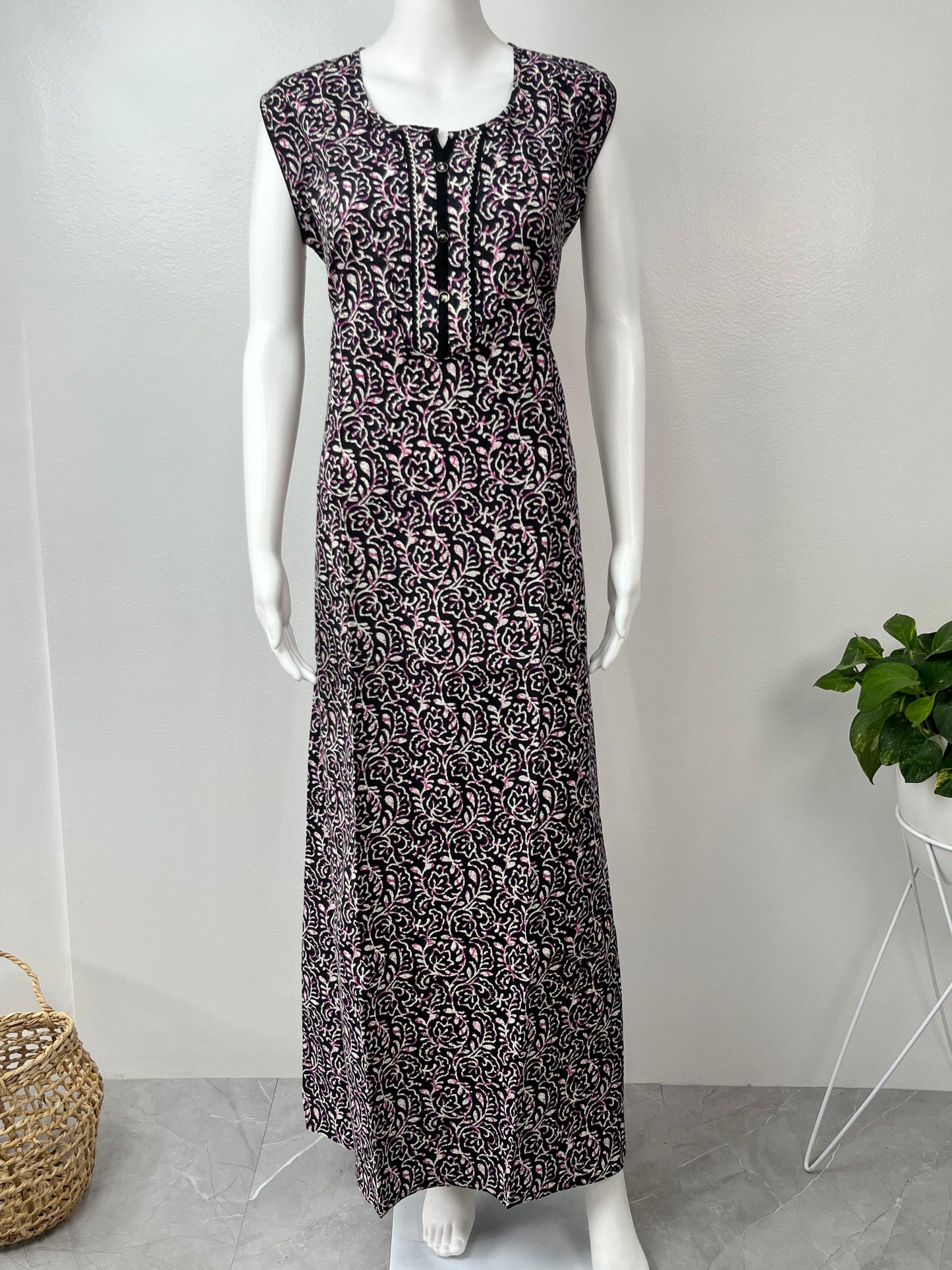 Black 100% Pure Sleeveless Cotton Nighty for Women