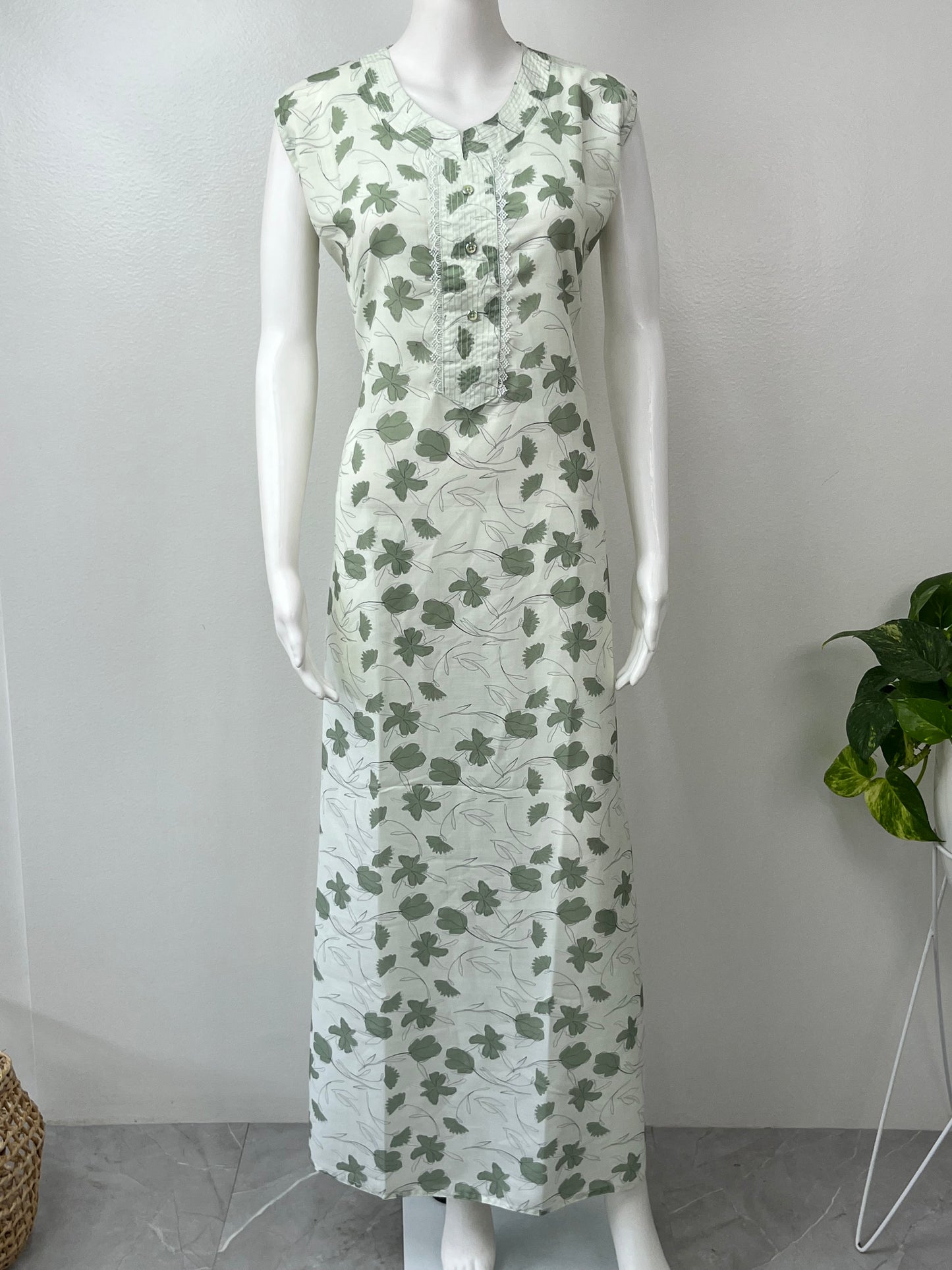 Light Green Sleeveless Pure Cotton Nighty for Women