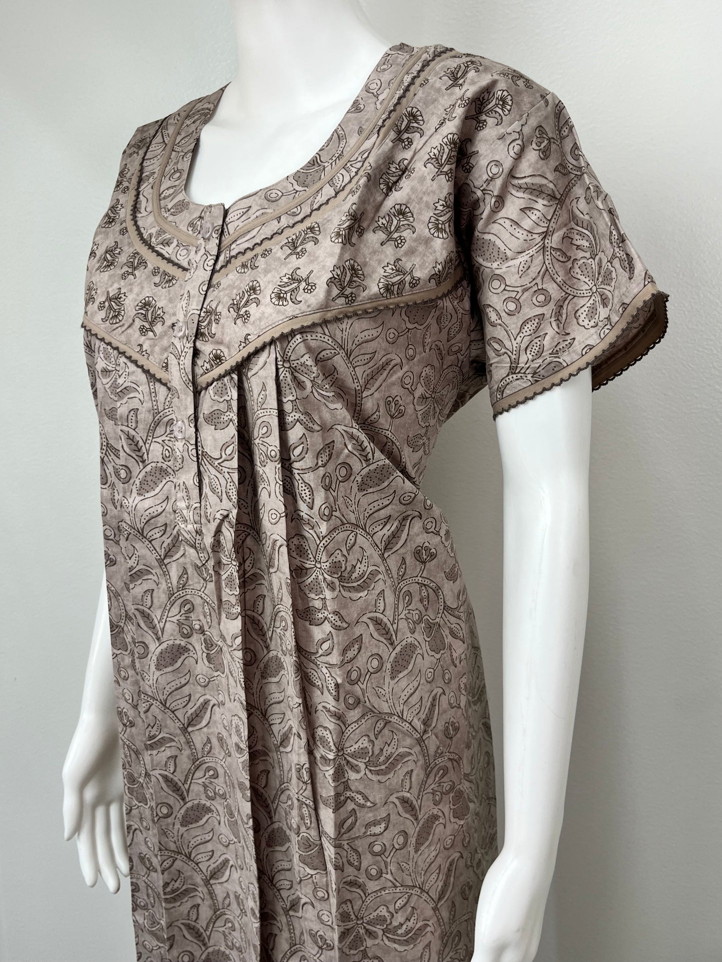 Grey Pure Cotton Nightgown with Embroidery
