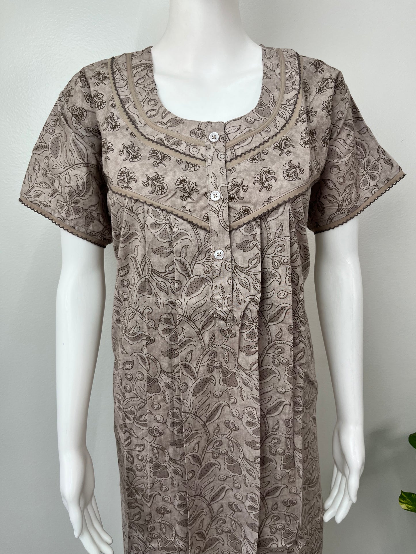 Grey Pure Cotton Nightgown with Embroidery
