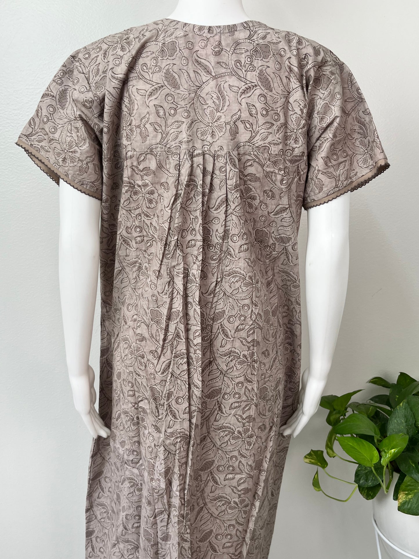 Grey Pure Cotton Nightgown with Embroidery