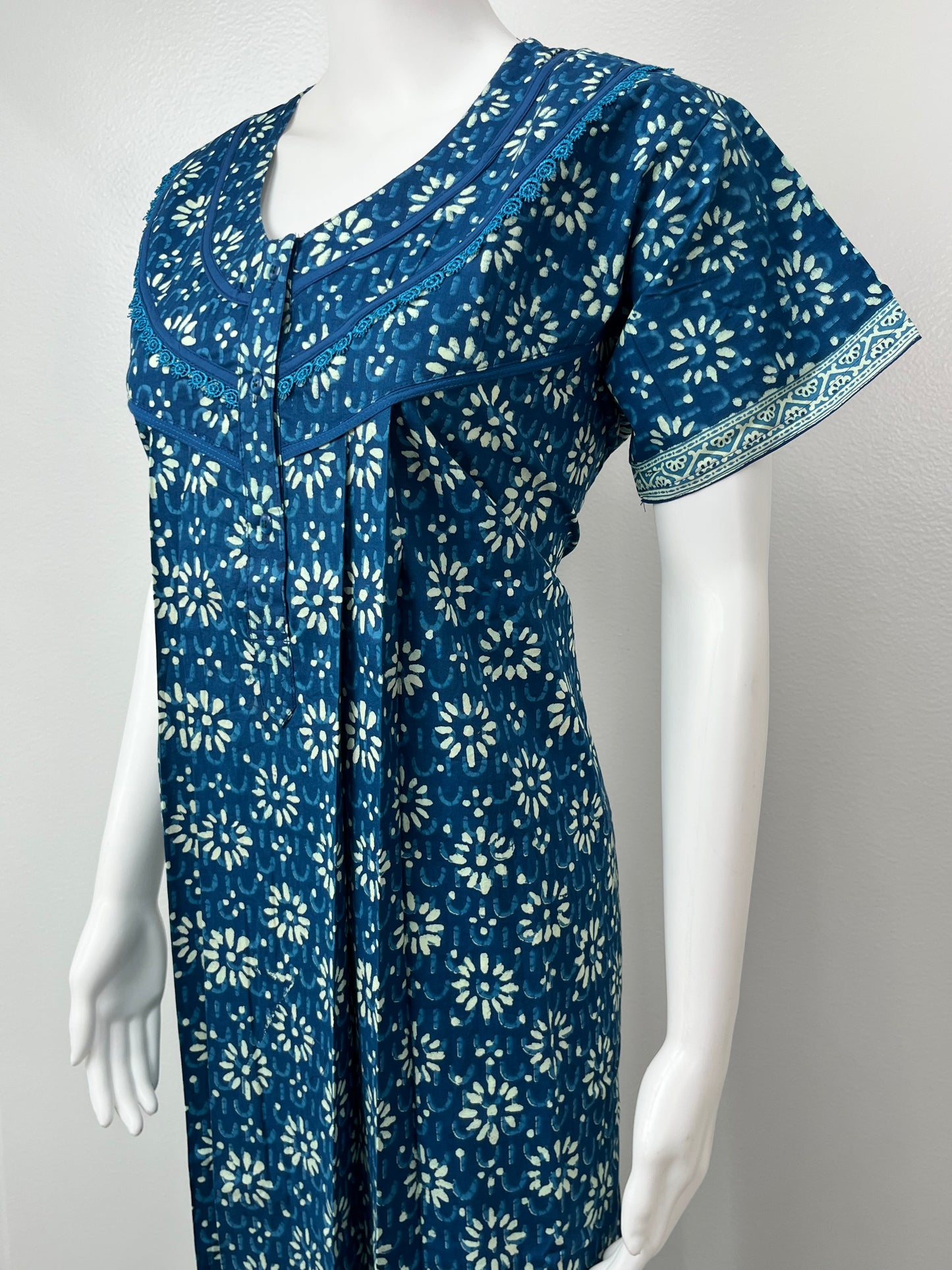Blue Pure Cotton Nightgown With Contrast Print
