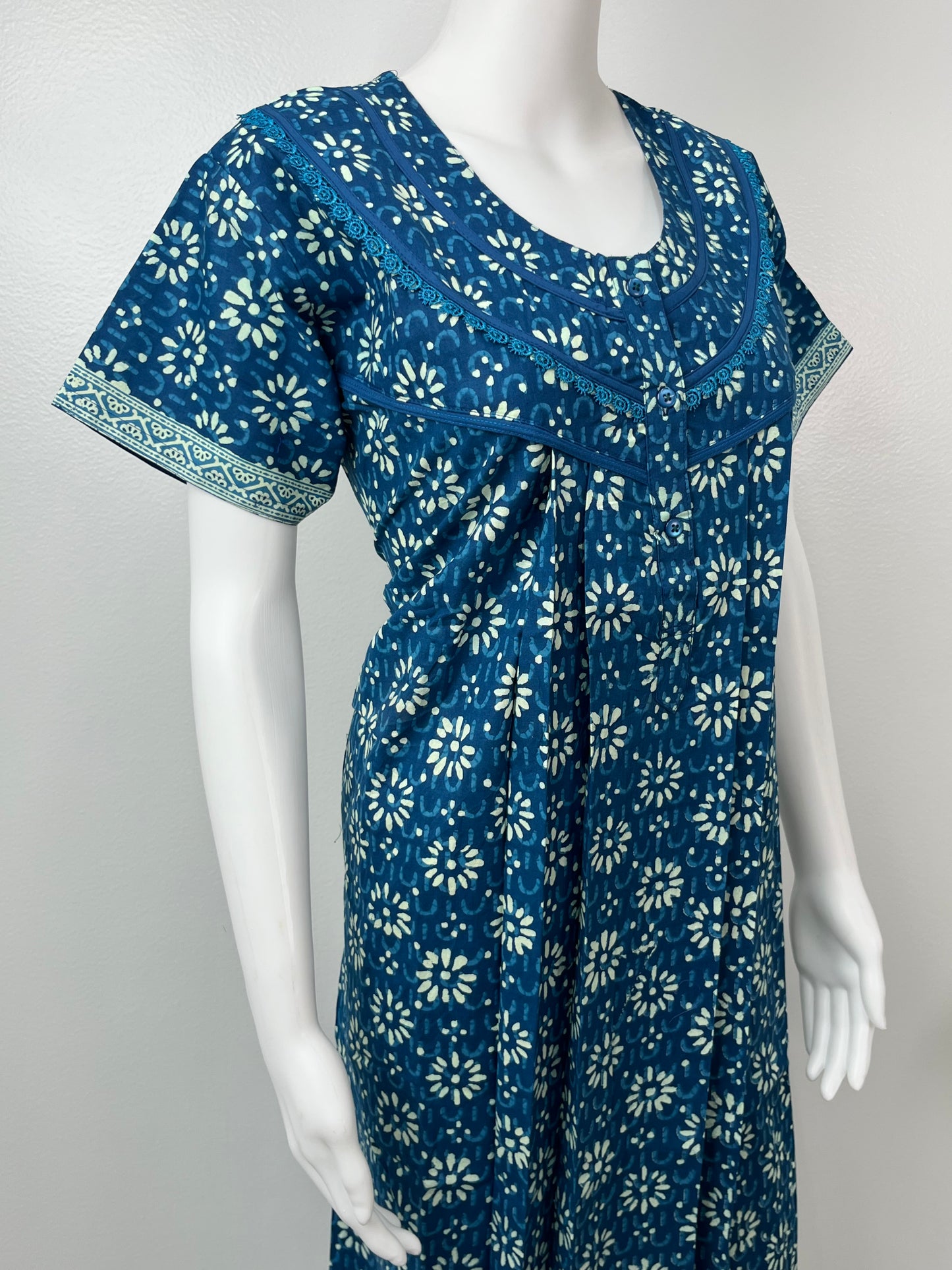 Blue Pure Cotton Nightgown With Contrast Print