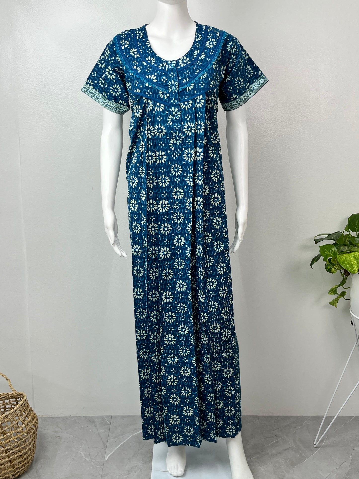 Blue Pure Cotton Nightgown With Contrast Print