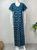 Blue Pure Cotton Nightgown With Contrast Print