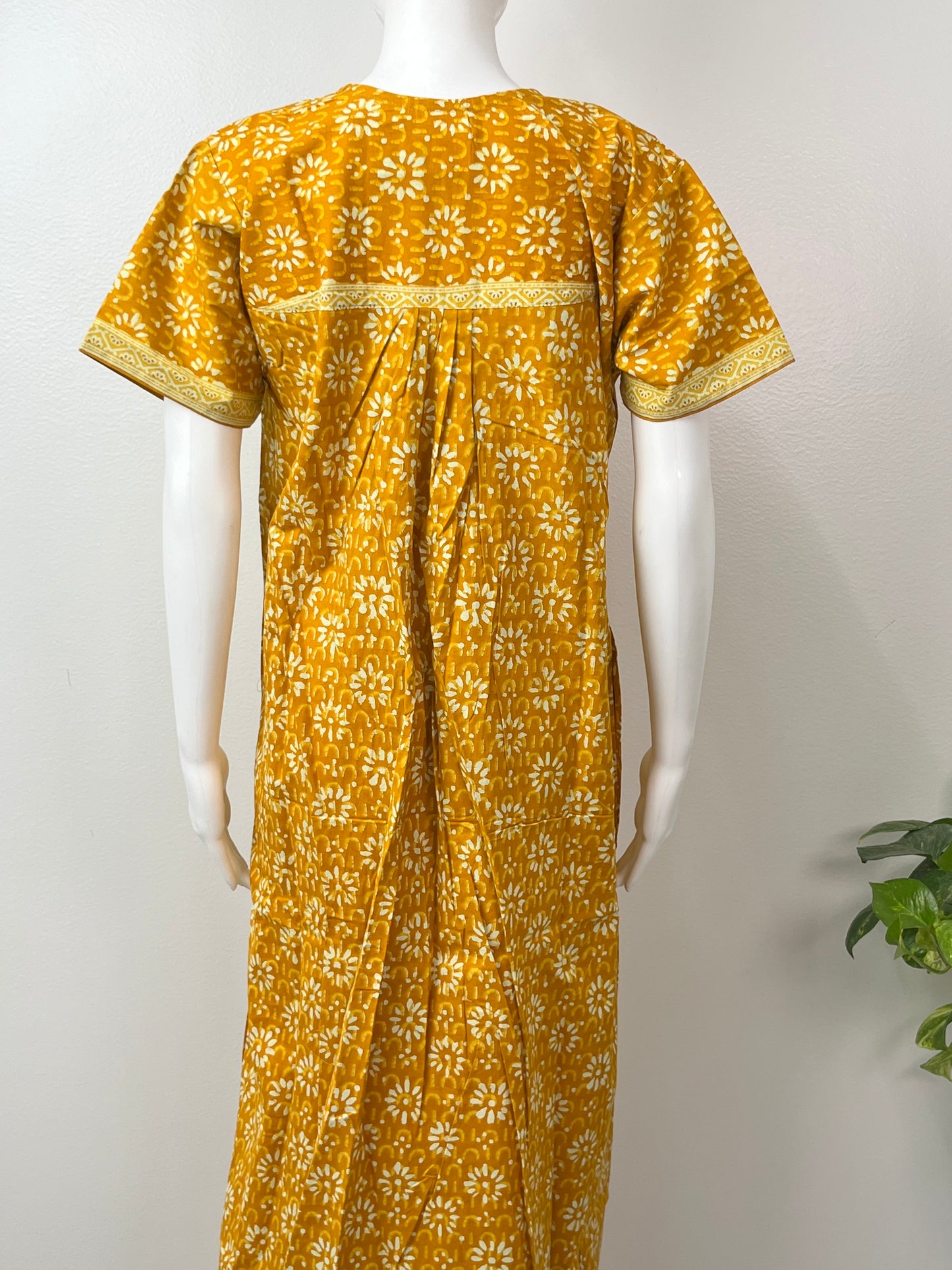 Mustard Pure Cotton Pleated Nighty for Women