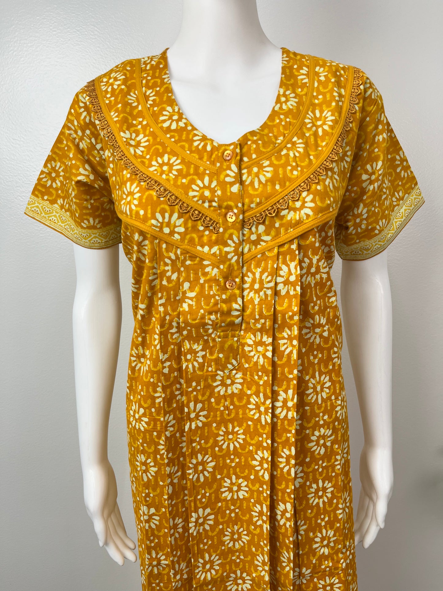 Mustard Pure Cotton Pleated Nighty for Women