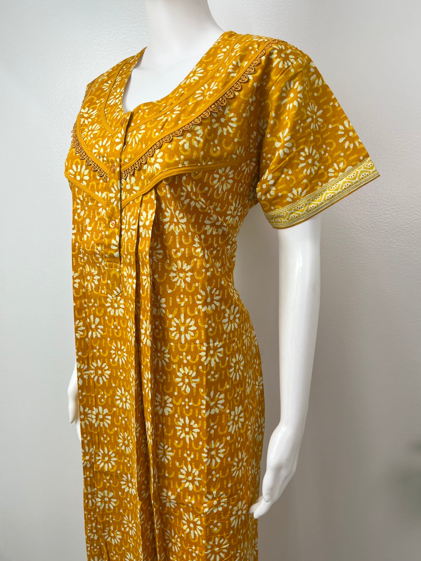 Mustard Pure Cotton Pleated Nighty for Women