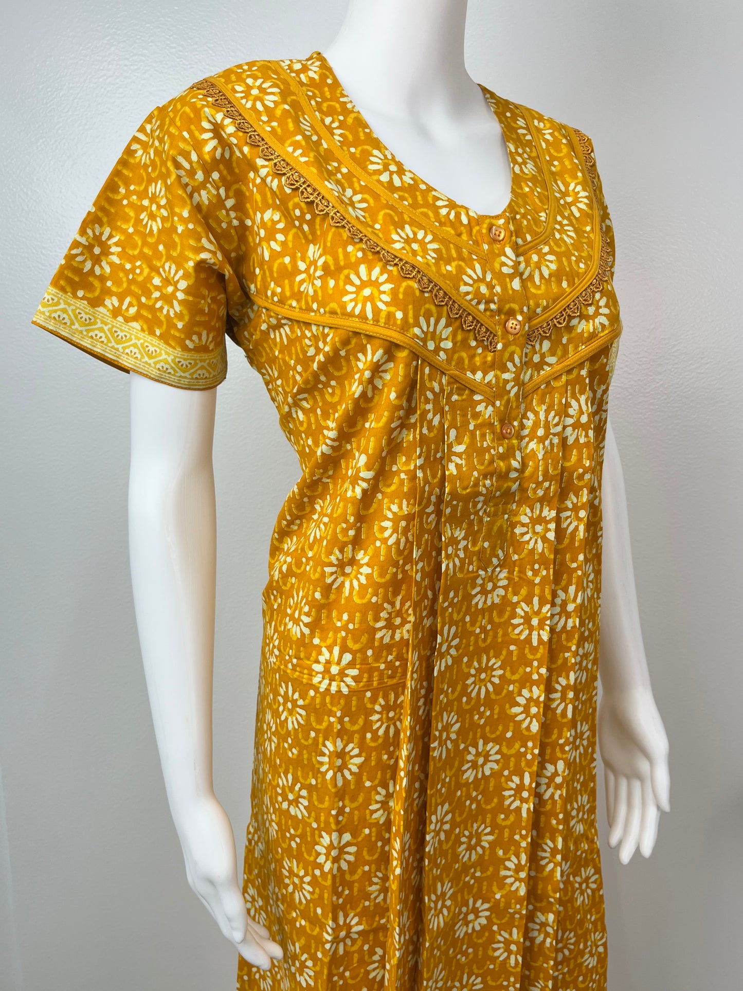 Mustard Pure Cotton Pleated Nighty for Women