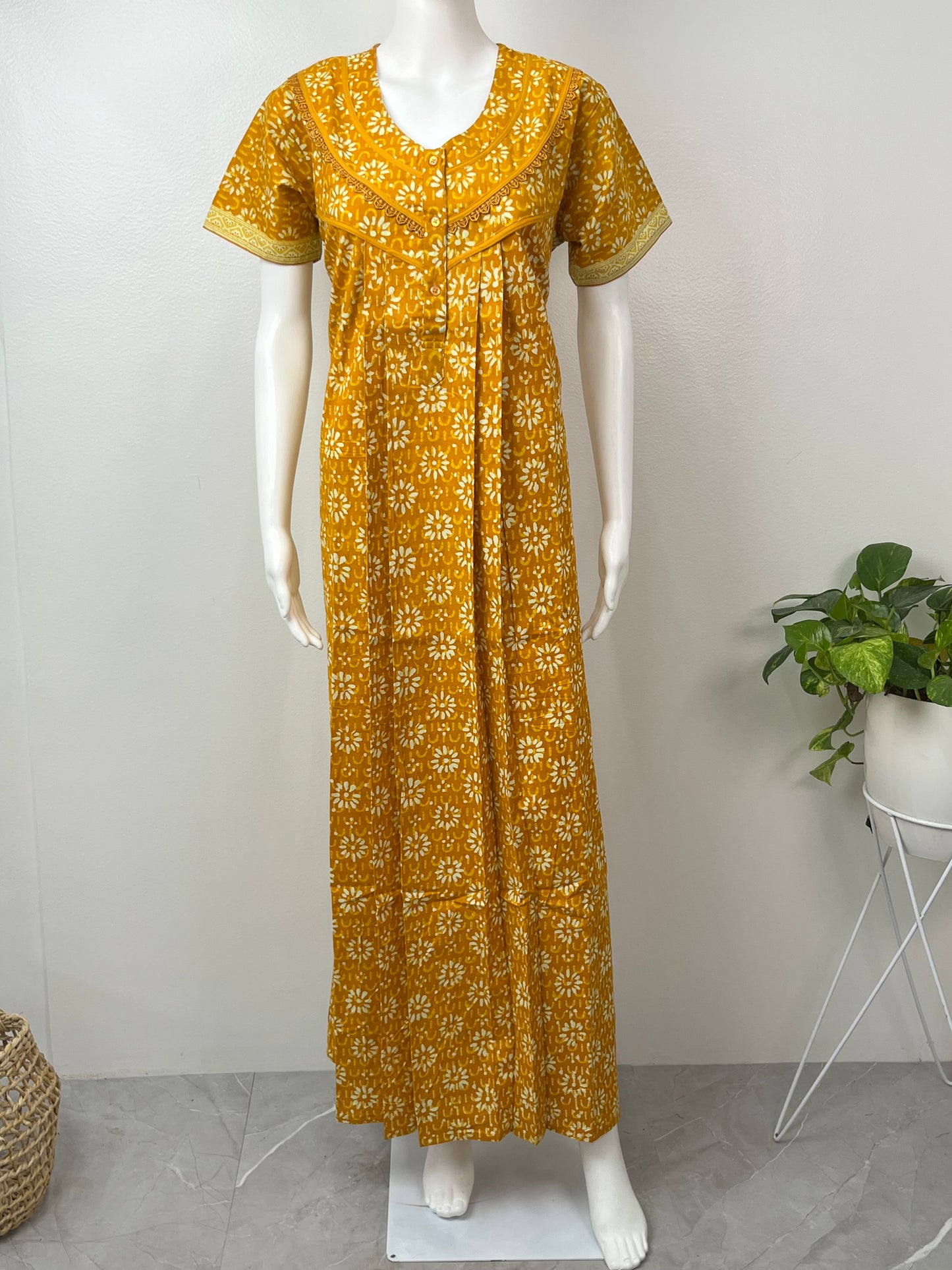 Mustard Pure Cotton Pleated Nighty for Women