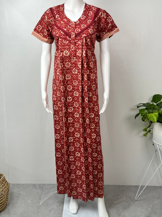 Red Pure Cotton Printed Nighty for Women