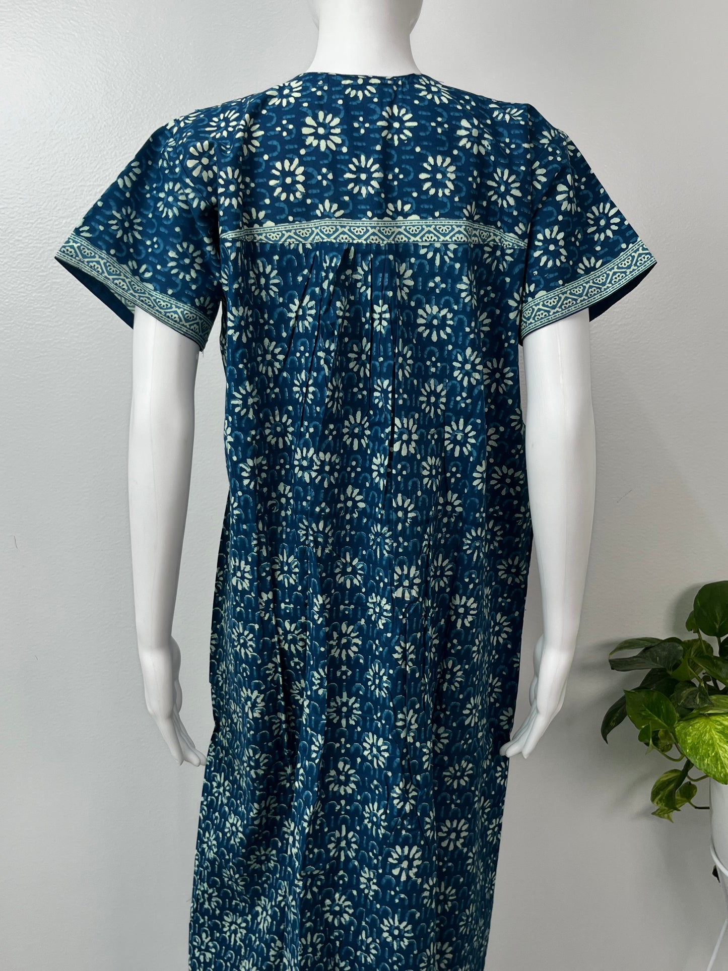 Blue Pure Cotton Nightgown With Contrast Print