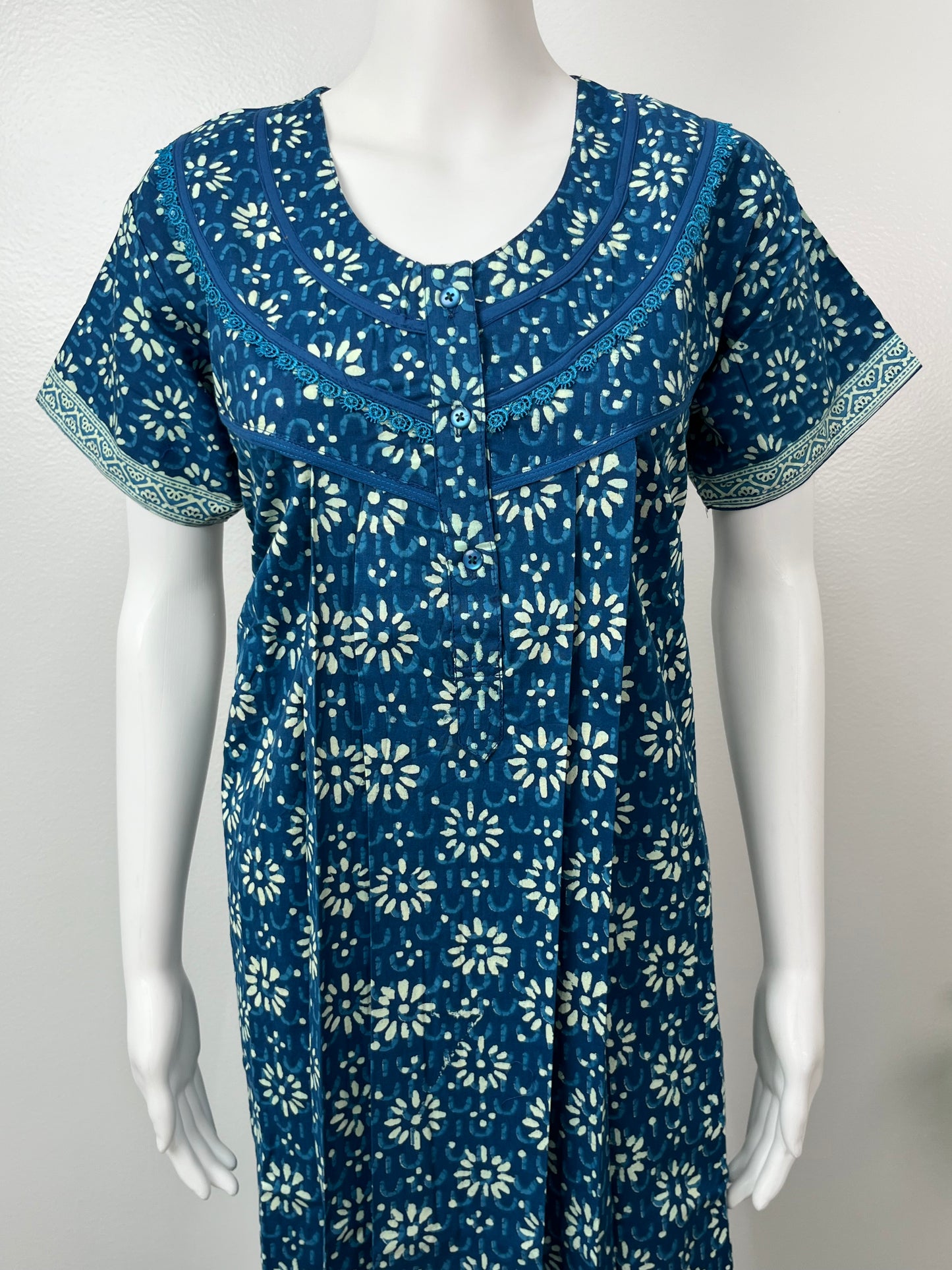 Blue Pure Cotton Nightgown With Contrast Print