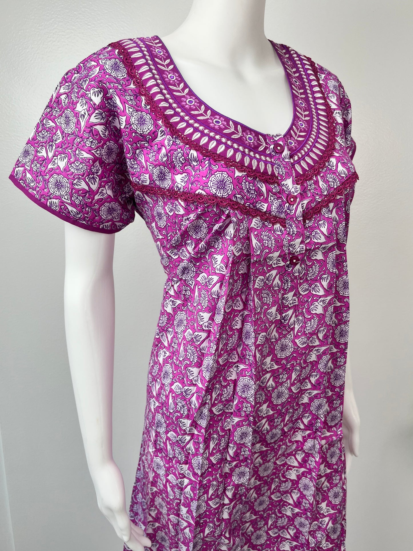 Purple Pleated 100% Cotton Nightgown with delicate Embroidery