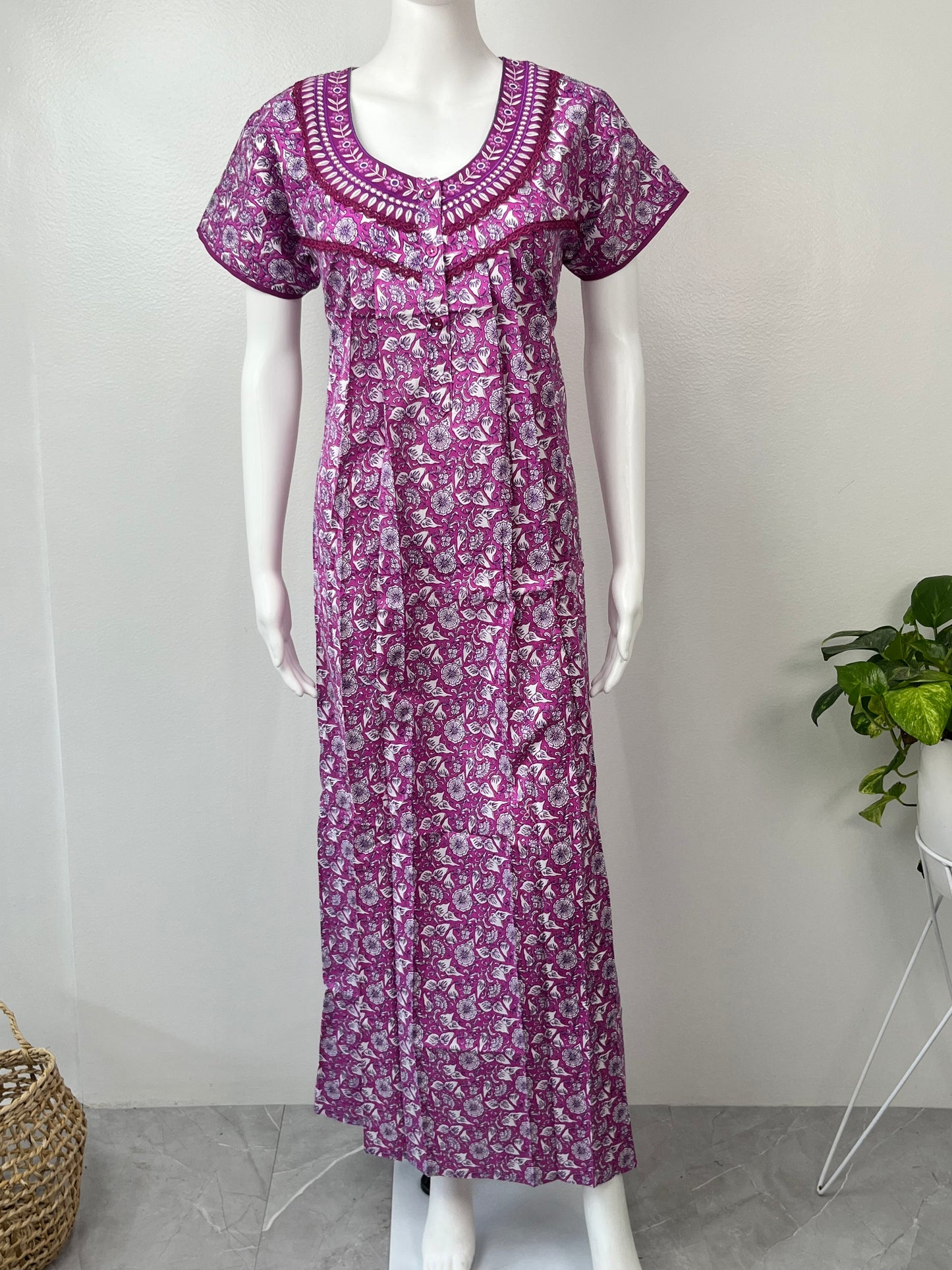 Purple Pleated 100% Cotton Nightgown with delicate Embroidery