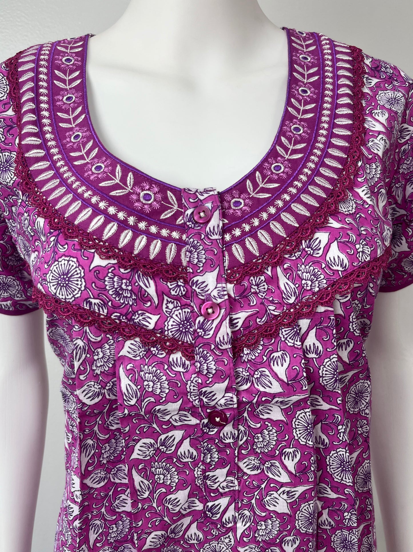 Purple Pleated 100% Cotton Nightgown with delicate Embroidery