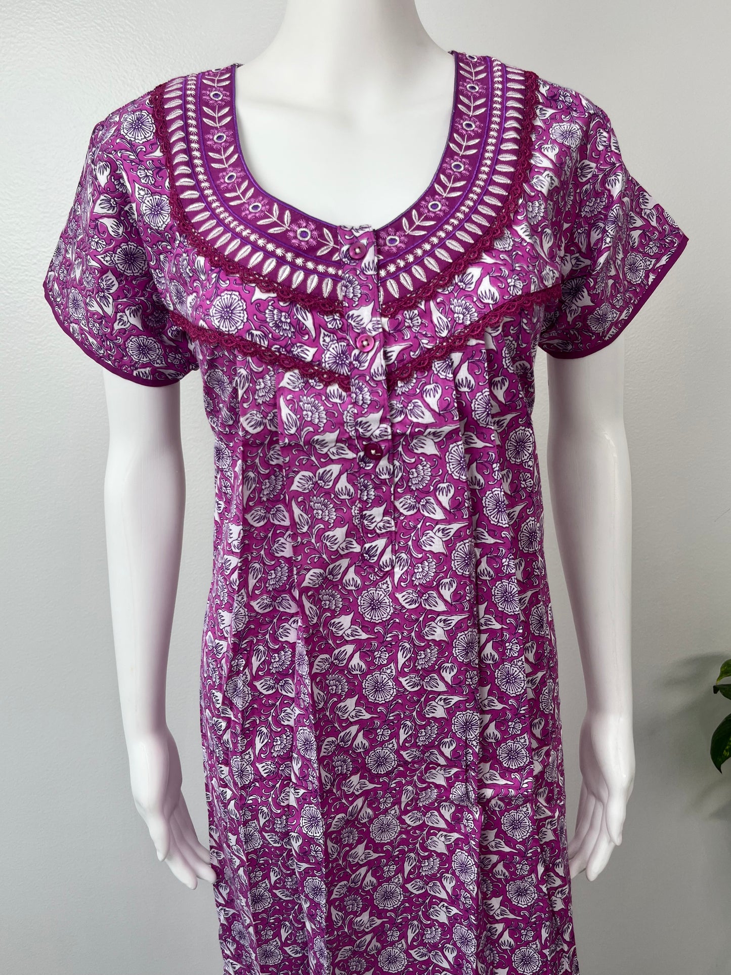 Purple Pleated 100% Cotton Nightgown with delicate Embroidery