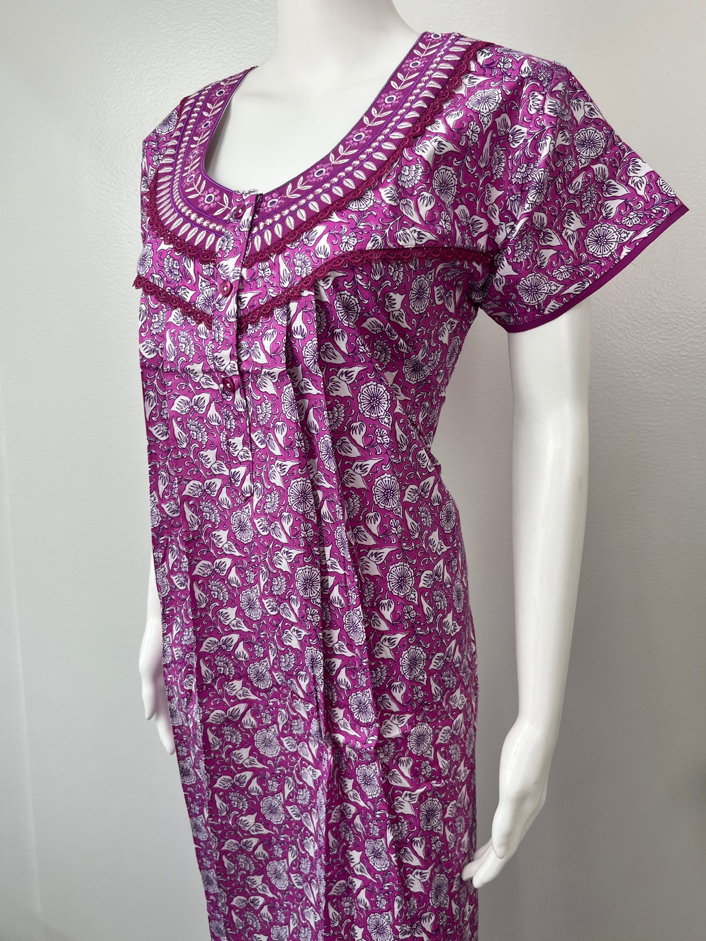 Purple Pleated 100% Cotton Nightgown with delicate Embroidery