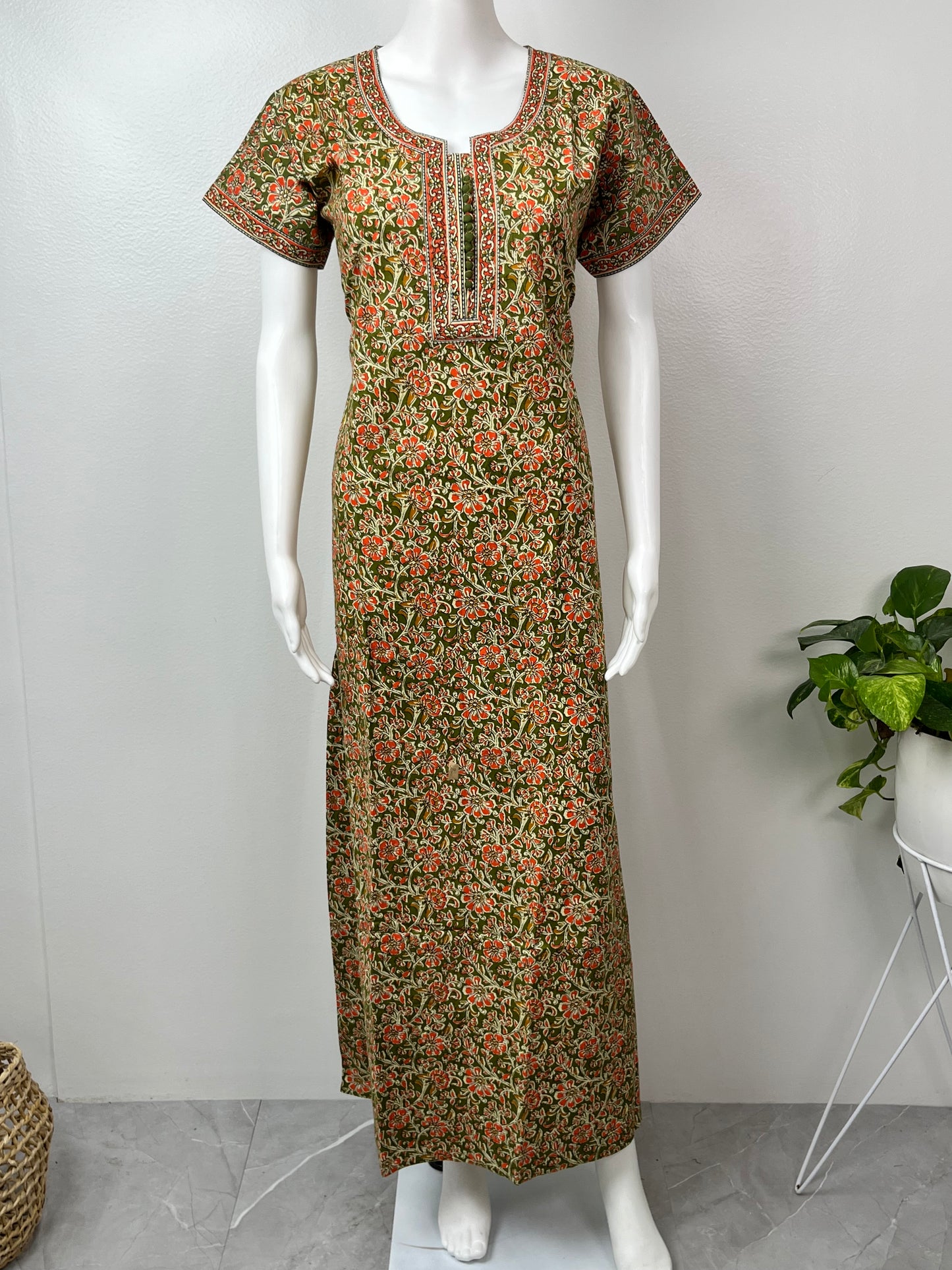 Olive Green Printed Pure Cotton Nightgown For Women