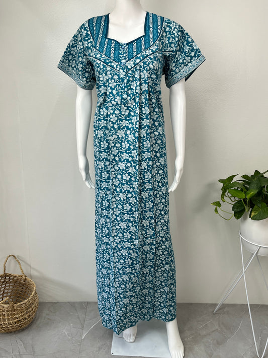 Teal Blue Cotton Nighty Comfortable & Elegant