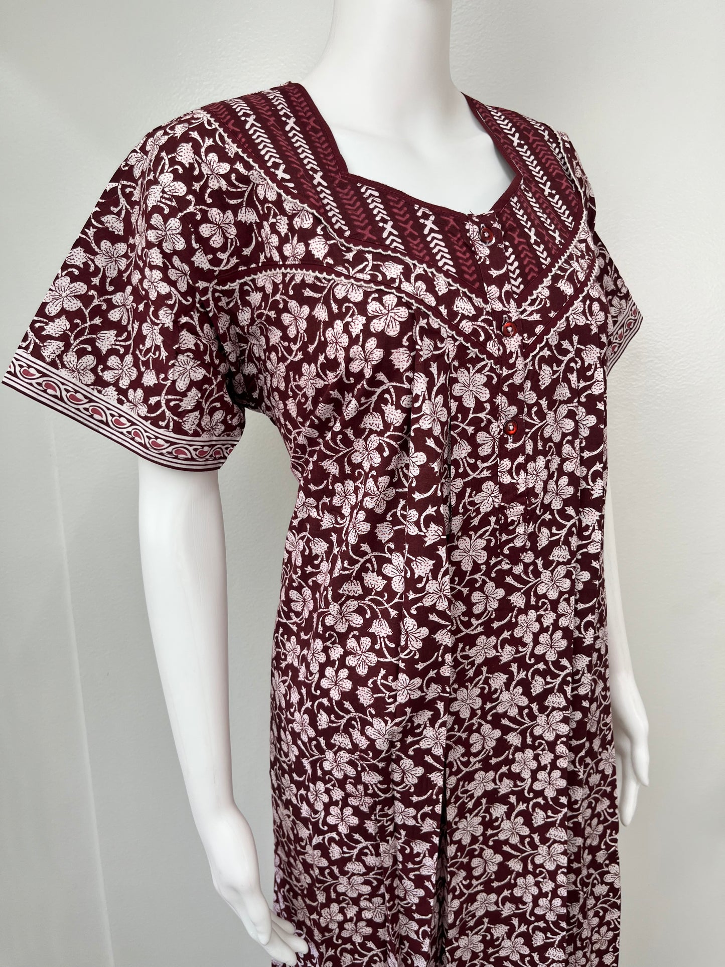 Maroon Pleated 100% Cotton Nighty for Women