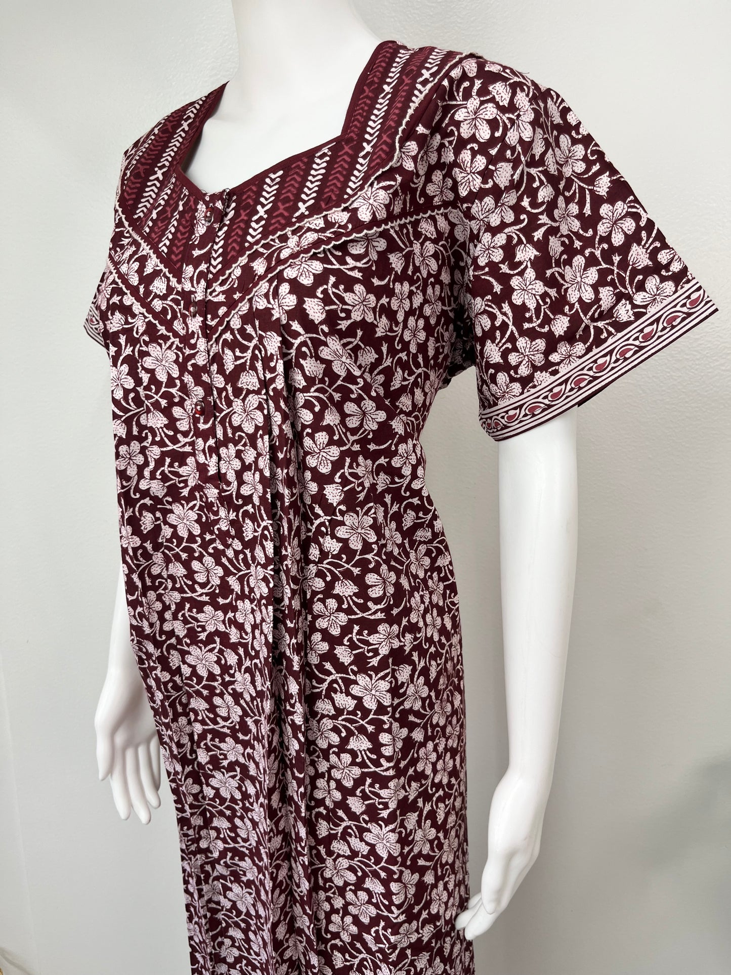 Maroon Pleated 100% Cotton Nighty for Women