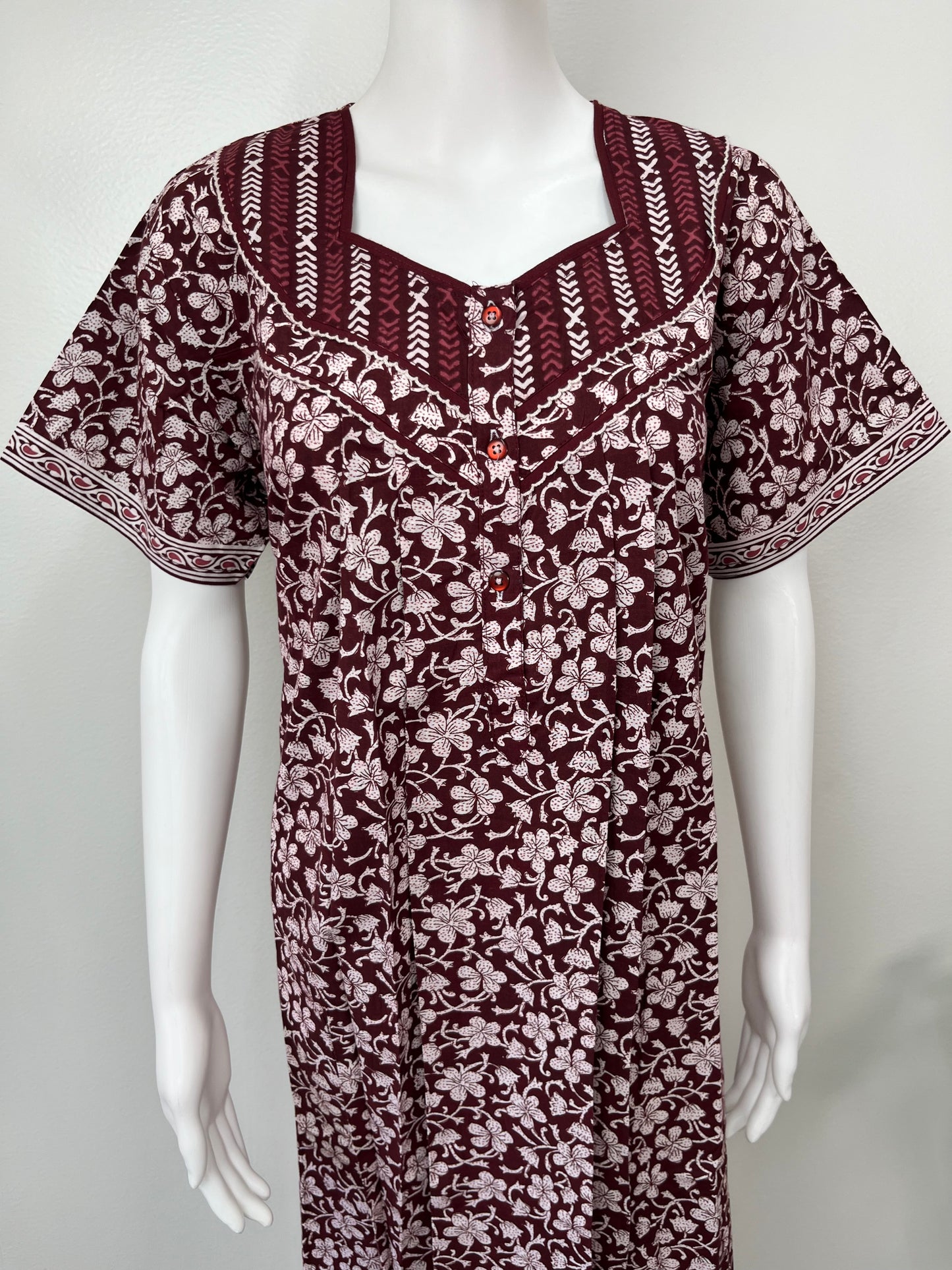 Maroon Pleated 100% Cotton Nighty for Women