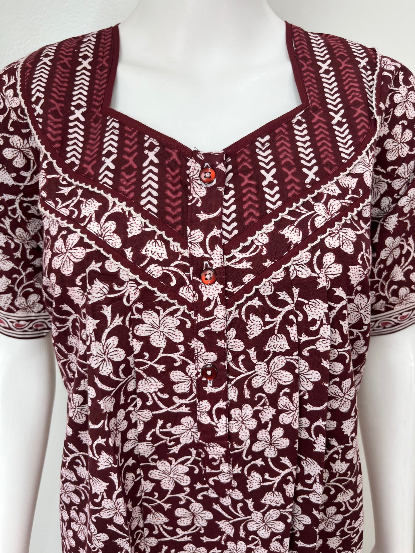 Maroon Pleated 100% Cotton Nighty for Women