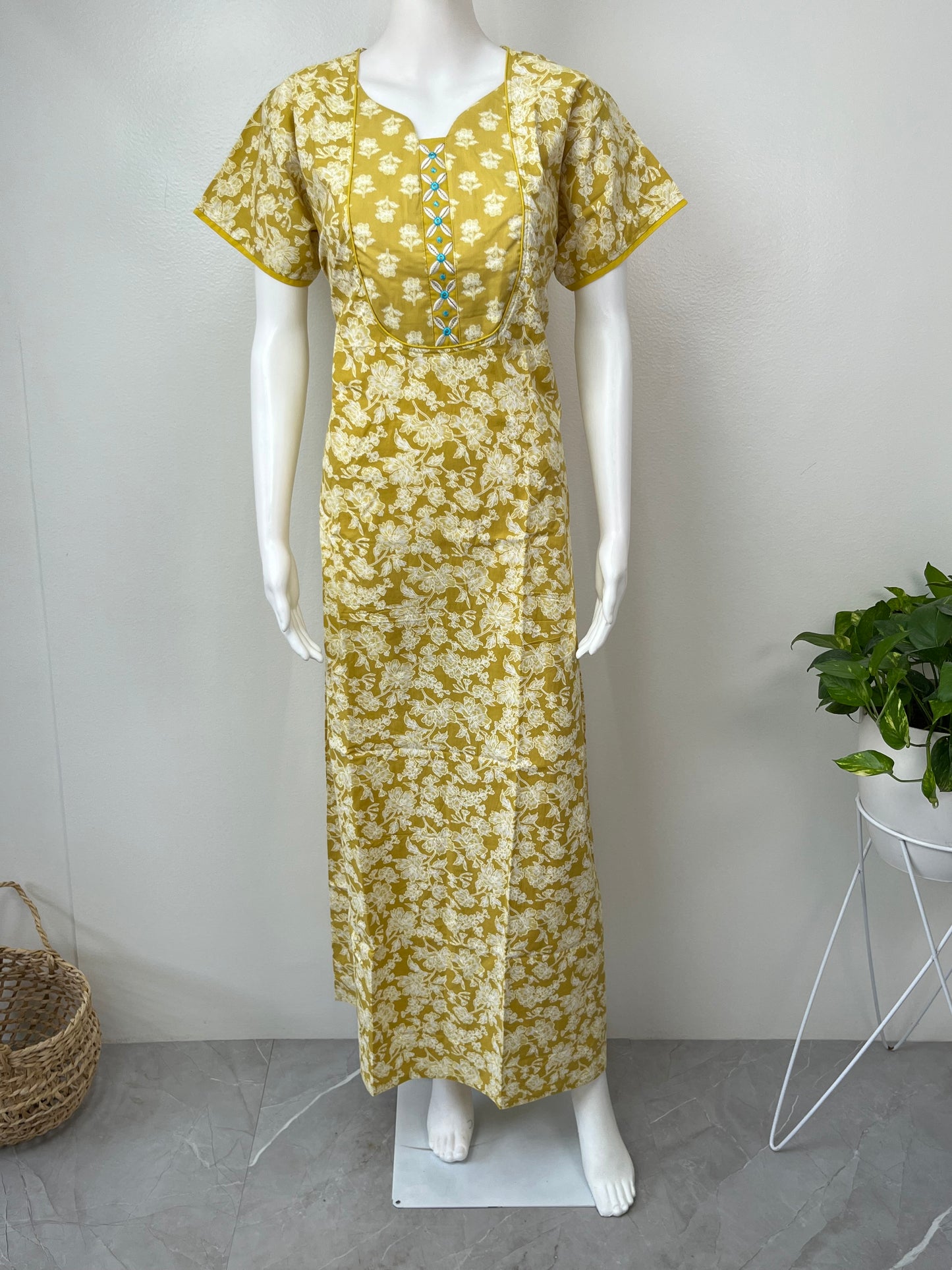 Yellow Printed 100 % Cotton Nighty