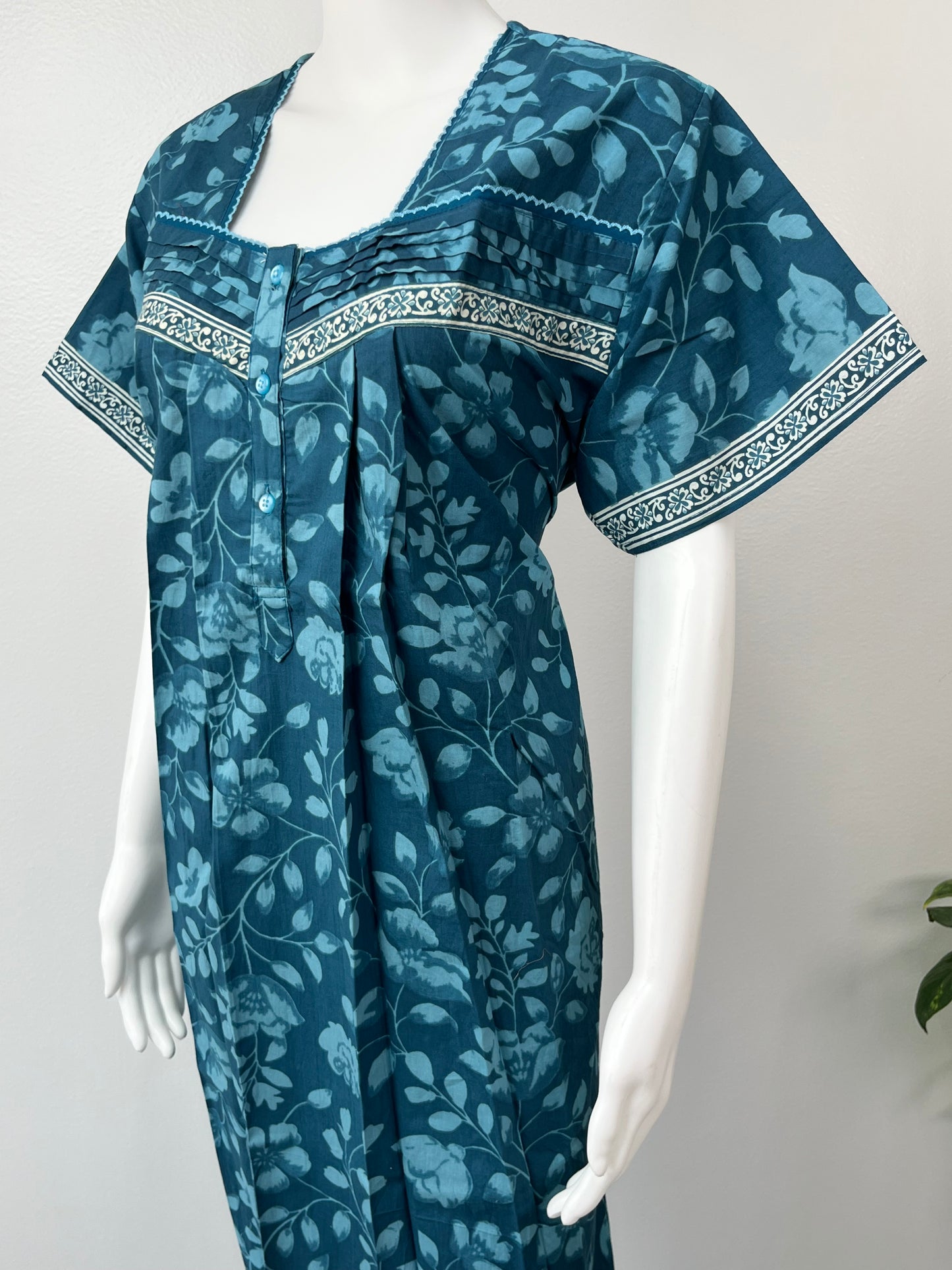 Teal Blue Pure Cotton Nightgown for Women- Rose Petals