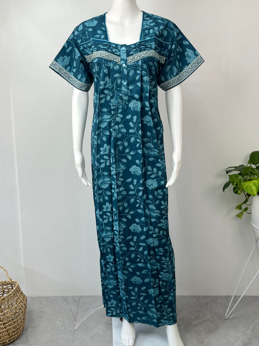 Teal Blue Pure Cotton Nightgown for Women- Rose Petals