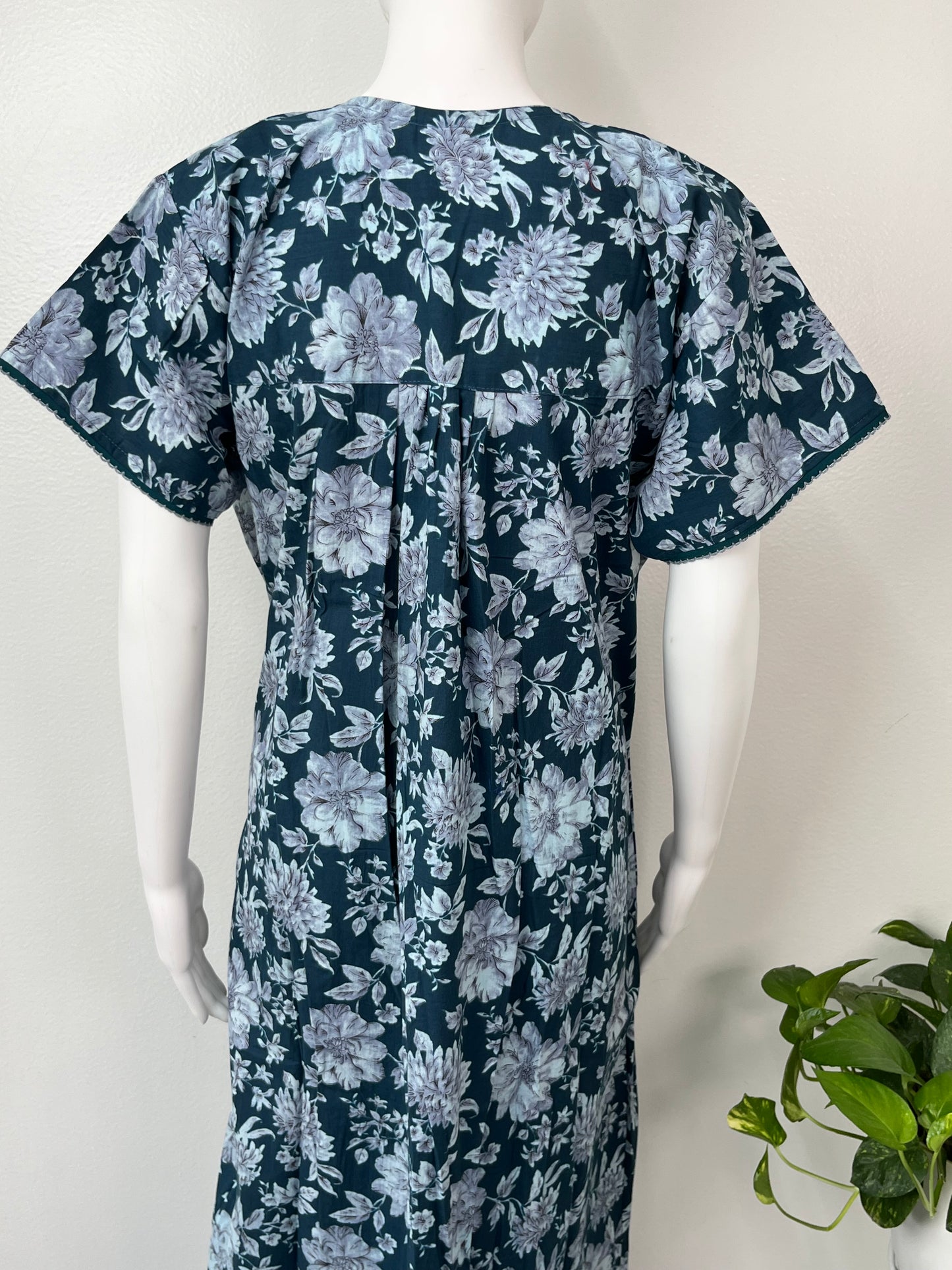 Teal Blue Floral Printed Cotton Nighty for Women